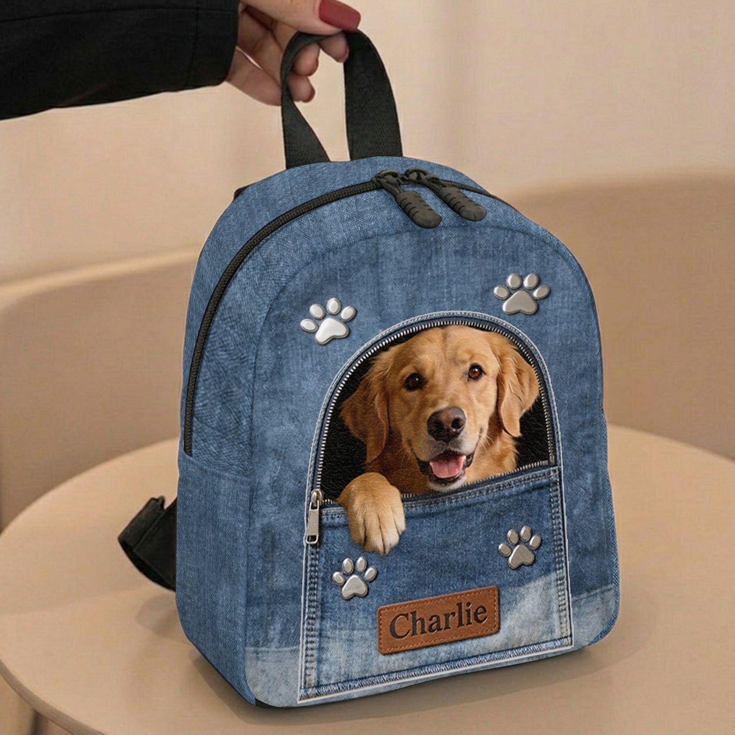 Sac à dos en denim personnalisé avec photo - Sac à dos avec patch en cuir interchangeable