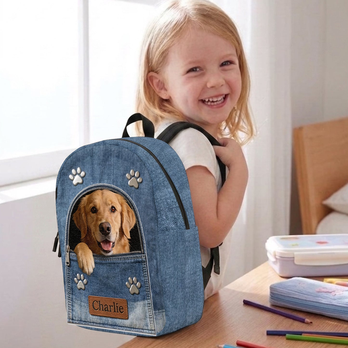 Sac à dos en denim personnalisé avec photo - Sac à dos avec patch en cuir interchangeable