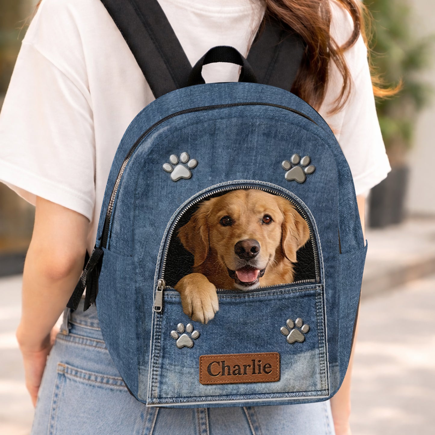 Sac à dos en denim personnalisé avec photo - Sac à dos avec patch en cuir interchangeable