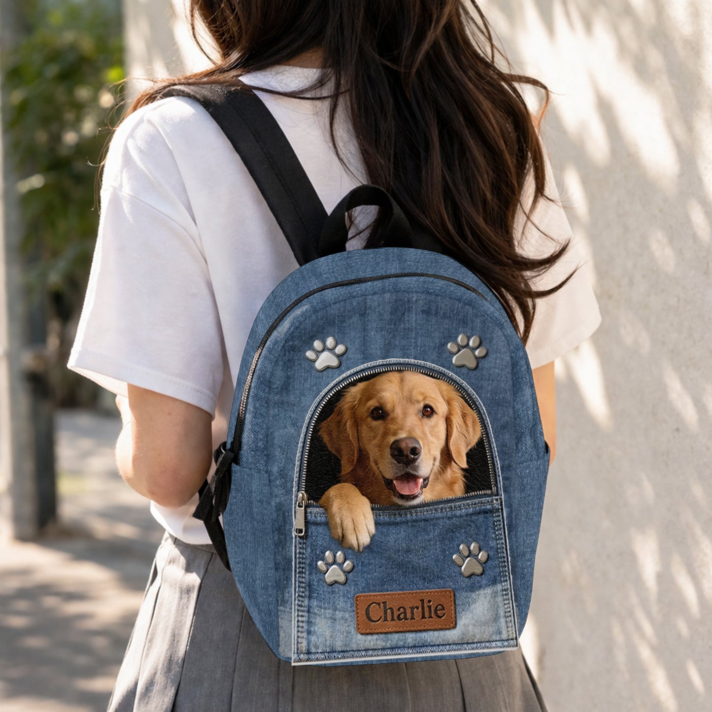 Sac à dos en denim personnalisé avec photo - Sac à dos avec patch en cuir interchangeable