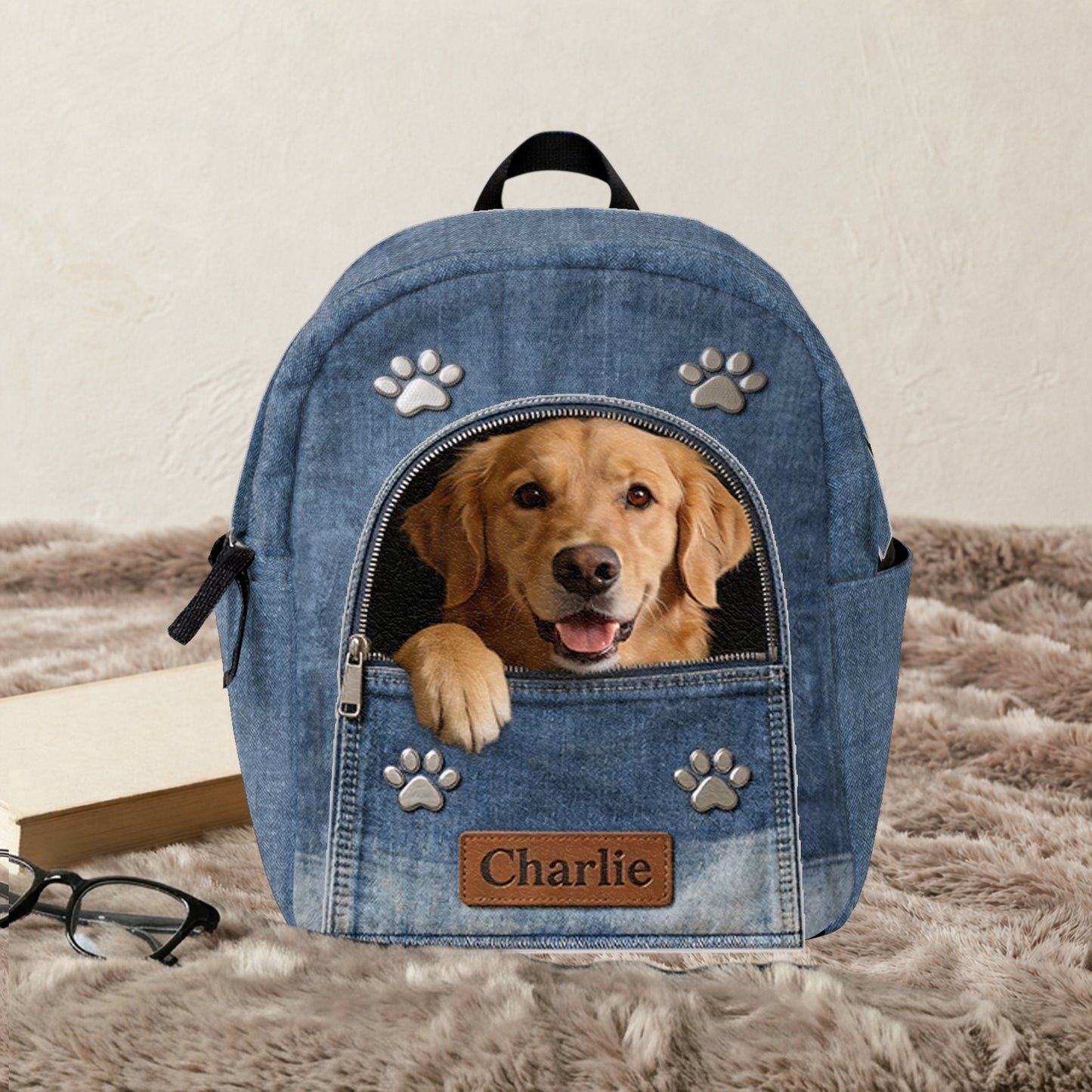 Sac à dos en denim personnalisé avec photo - Sac à dos avec patch en cuir interchangeable