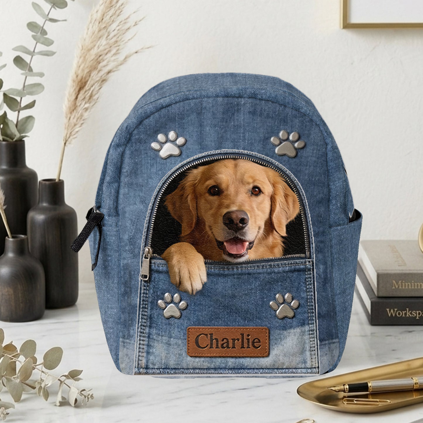 Sac à dos en denim personnalisé avec photo - Sac à dos avec patch en cuir interchangeable