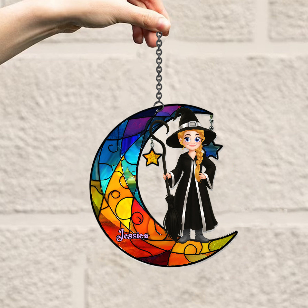 Belle sorcière et lune - Ornement attrape-soleil personnalisé à suspendre à la fenêtre - Sorcière et lune 