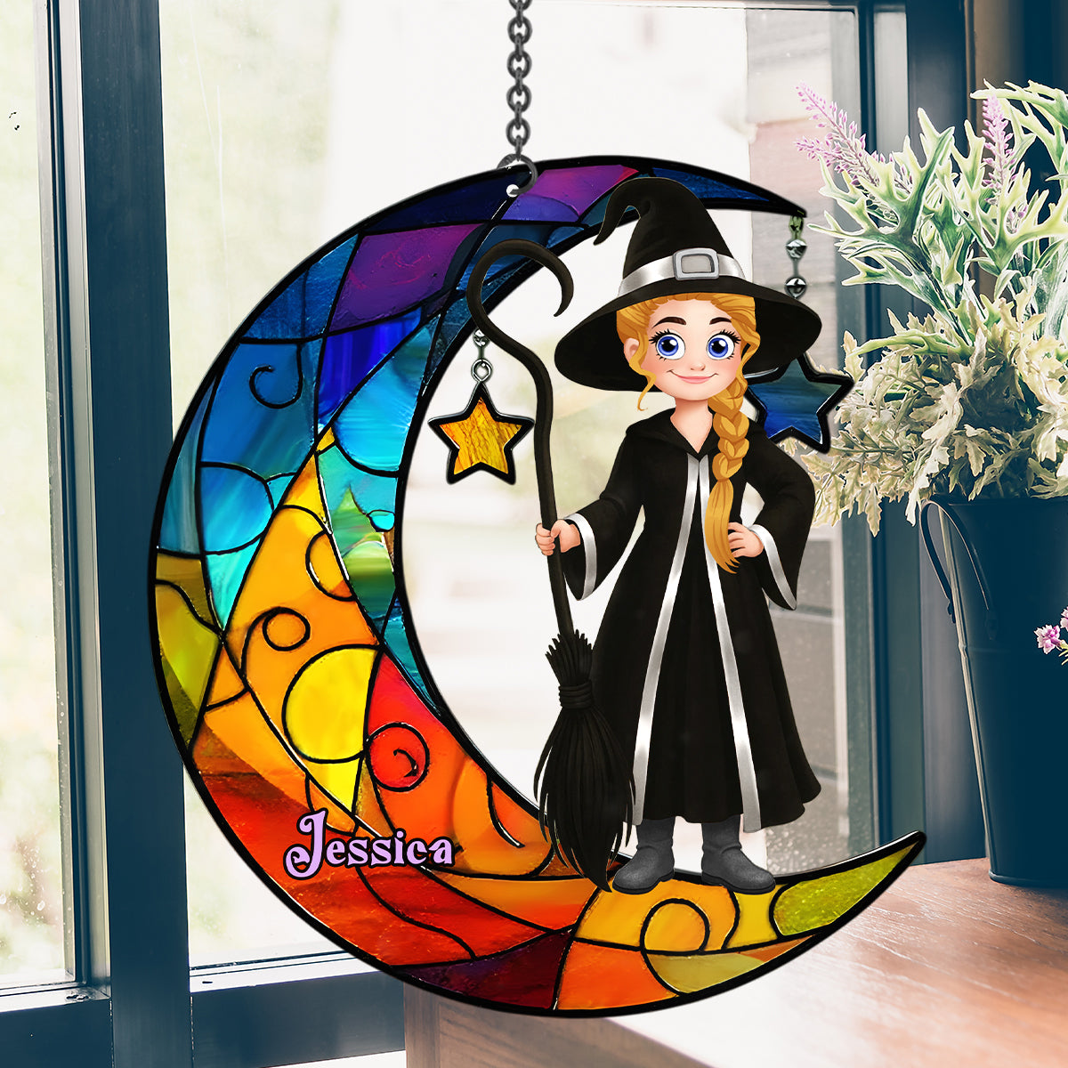 Belle sorcière et lune - Ornement attrape-soleil personnalisé à suspendre à la fenêtre - Sorcière et lune 
