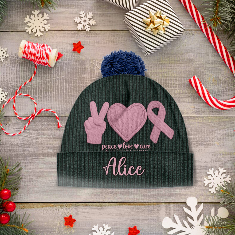 Peace Love Cure Pink Ribbon - Personalized Breast Cancer Awareness Beanie Hat