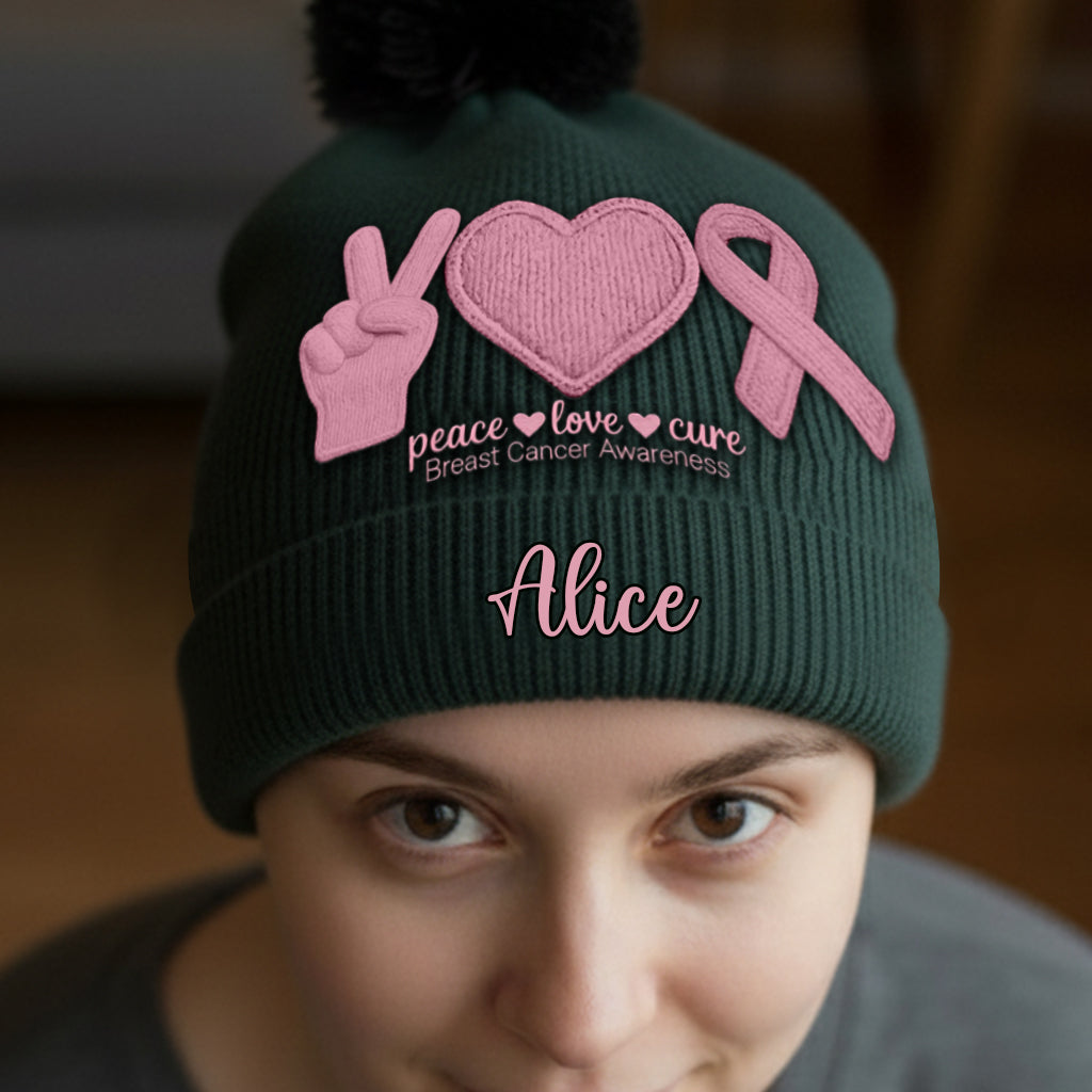 Peace Love Cure Pink Ribbon - Personalized Breast Cancer Awareness Beanie Hat
