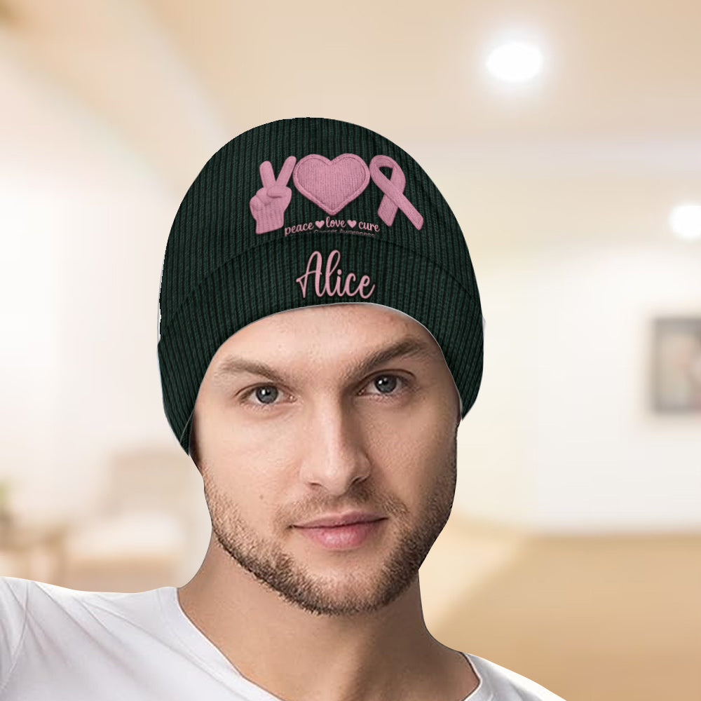 Peace Love Cure Pink Ribbon - Personalized Breast Cancer Awareness Beanie Hat
