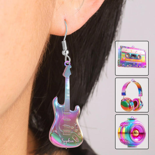 Boucles d'oreilles guitare personnalisées style hip-hop vintage, motif guitare et cassette audio colorées