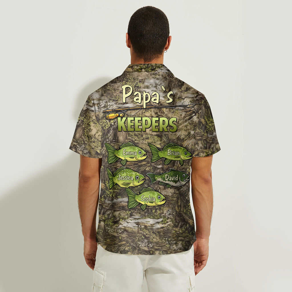 Chemise hawaïenne de pêche personnalisée à motif camouflage « Papa's Keepers »