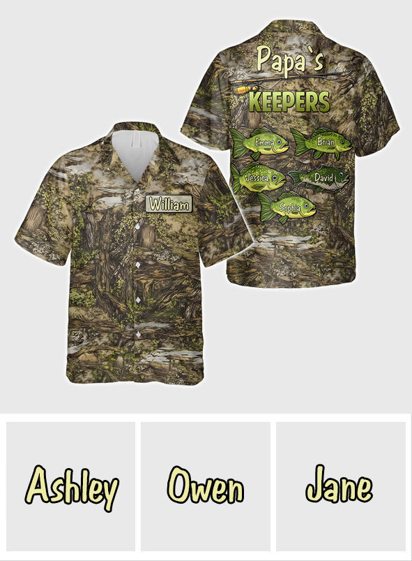 Chemise hawaïenne de pêche personnalisée à motif camouflage « Papa's Keepers »