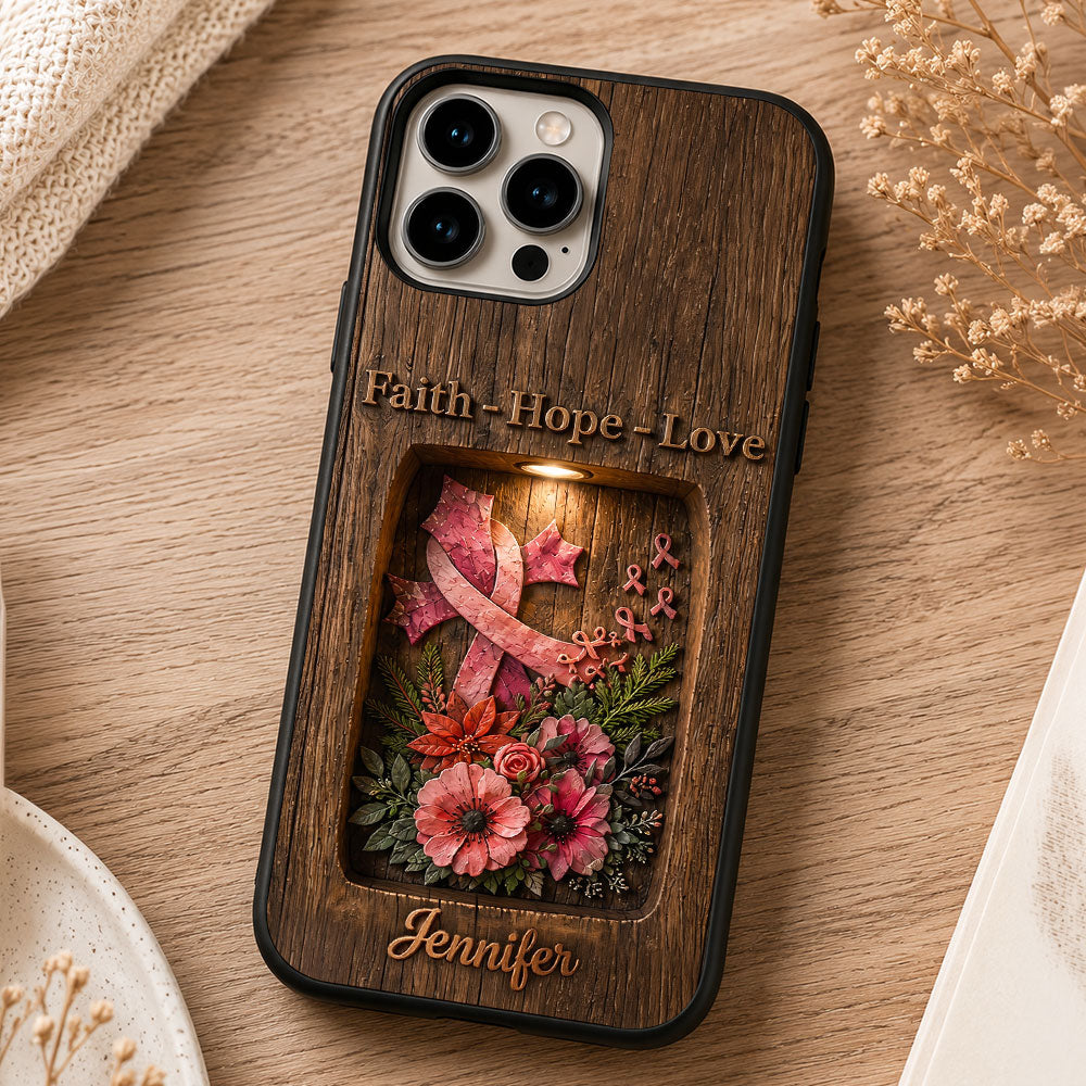 Faith Hope Love - Personalized Breast Cancer Awareness Tumbler With Phone Case