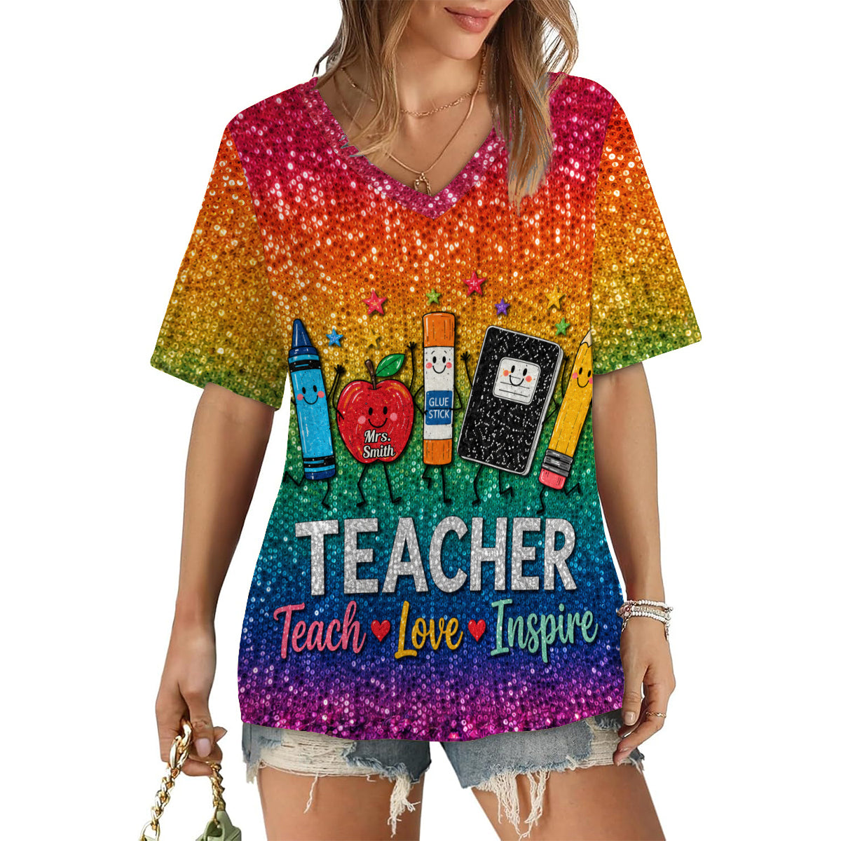 Teach Love Inspire - Personalized Teacher Fully Printed V-Neck T-Shirt