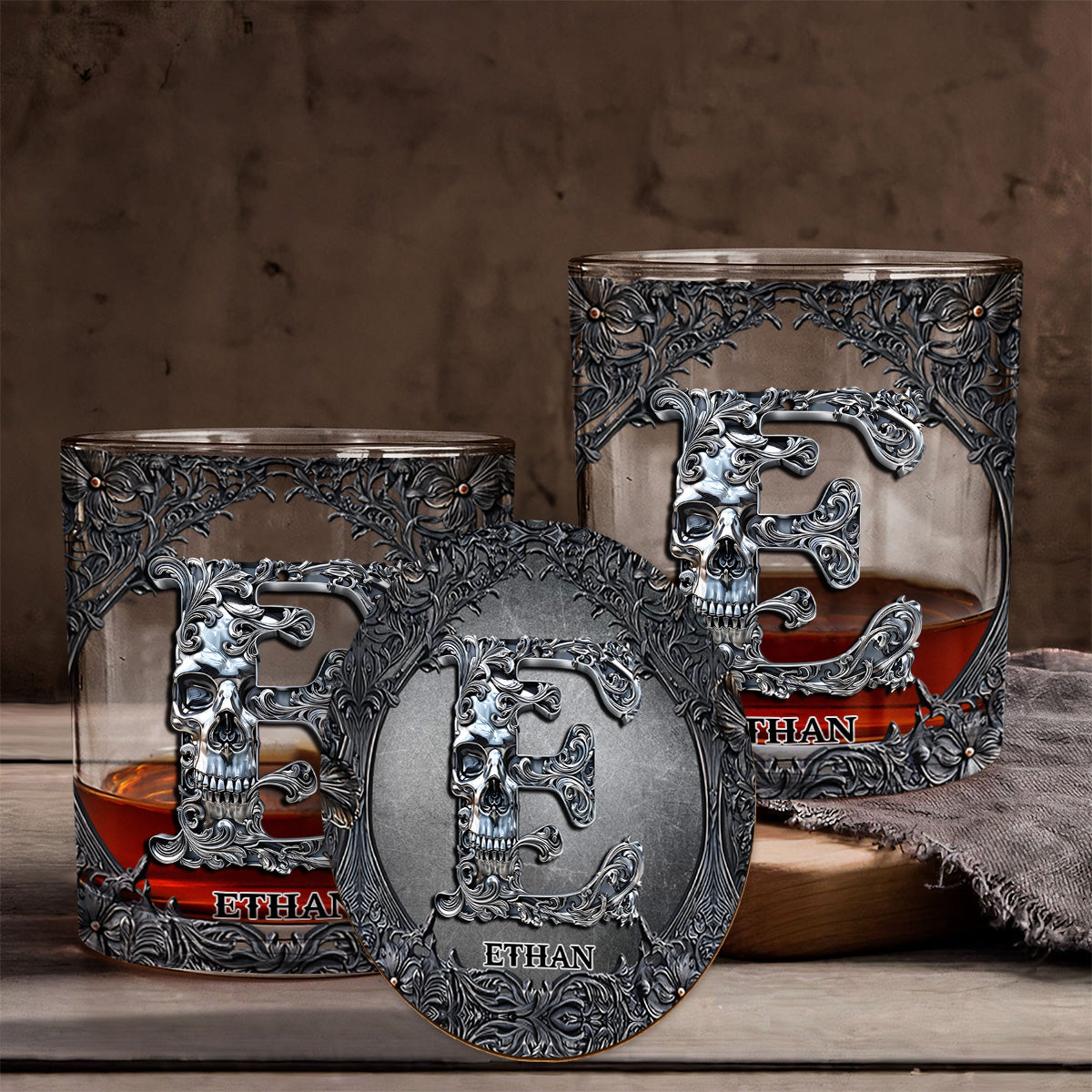 Skull Name Initial Letter - Personalized Skull Whiskey Glass