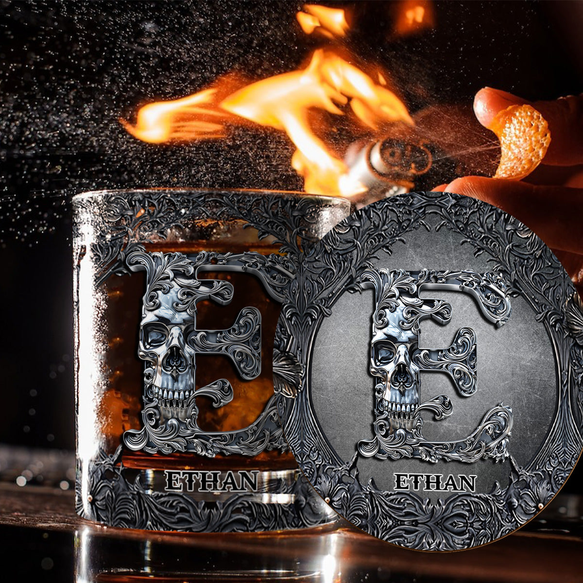 Skull Name Initial Letter - Personalized Skull Whiskey Glass
