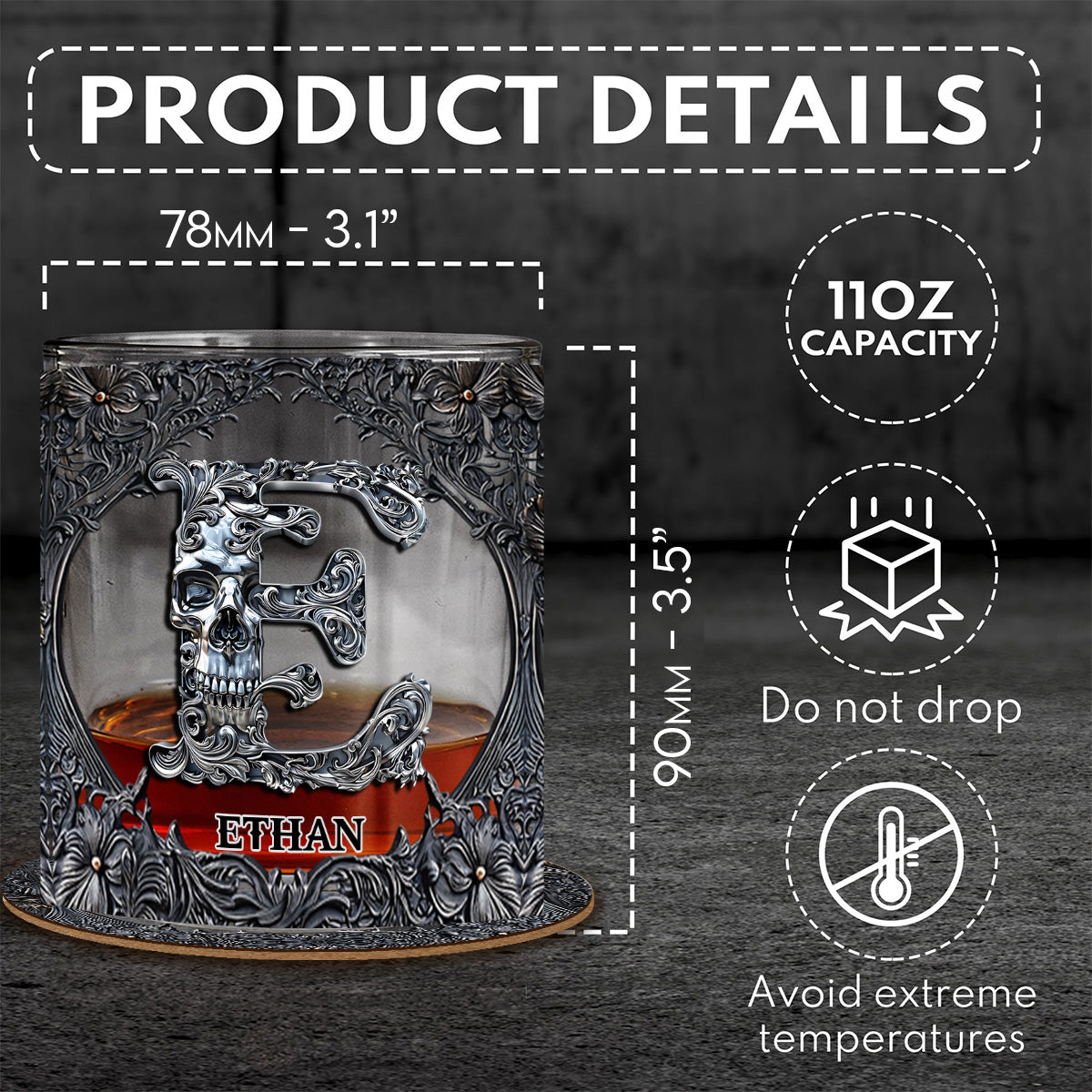 Skull Name Initial Letter - Personalized Skull Whiskey Glass
