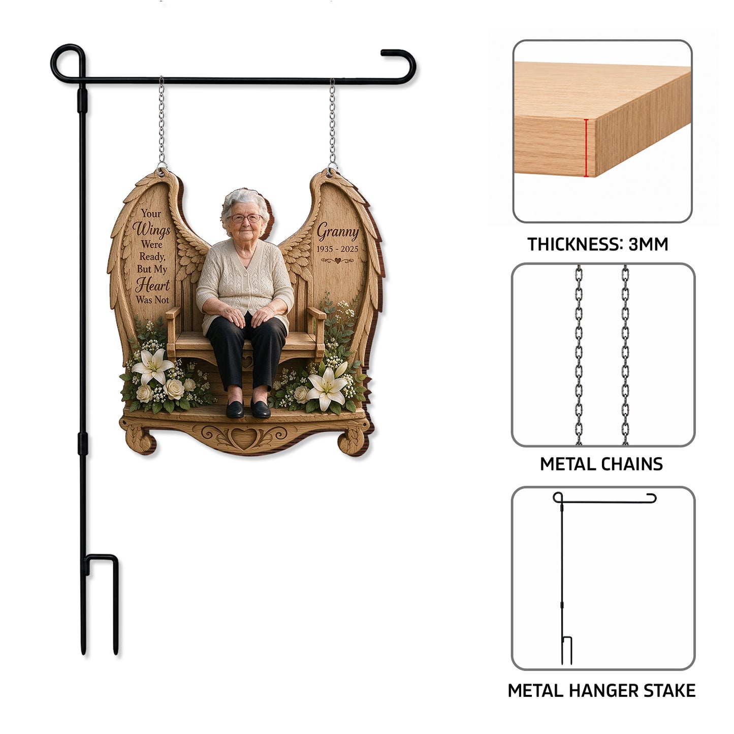 Your Wings Were Ready, But My Heart Was Not - Personalized Memorial Wood Sign With Stake