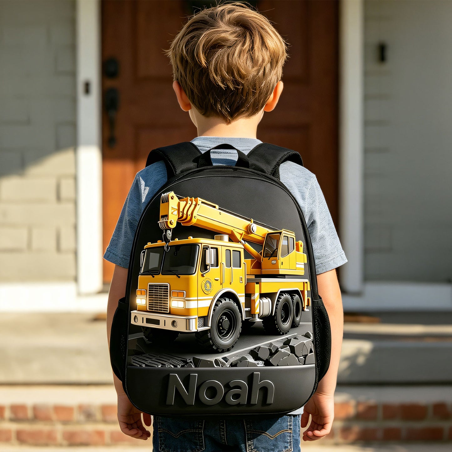 Construction Vehicle, Back To School Gift for Kids - Personalized Kid Changeable Leather Patch Backpack