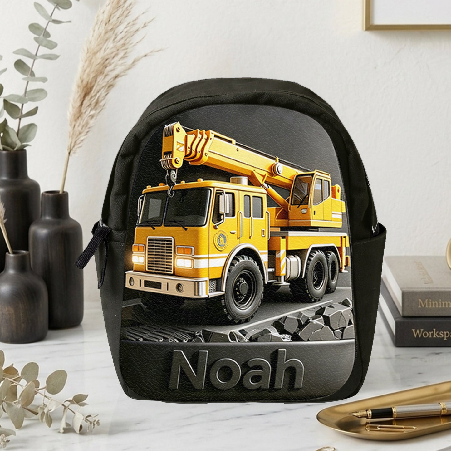Construction Vehicle, Back To School Gift for Kids - Personalized Kid Changeable Leather Patch Backpack