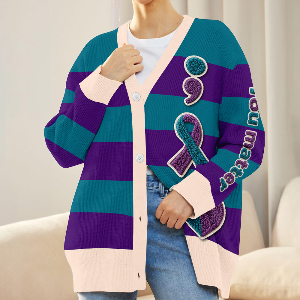 In September We Wear Teal And Purple You Matter - Personalized Suicide Prevention Cardigan Sweater