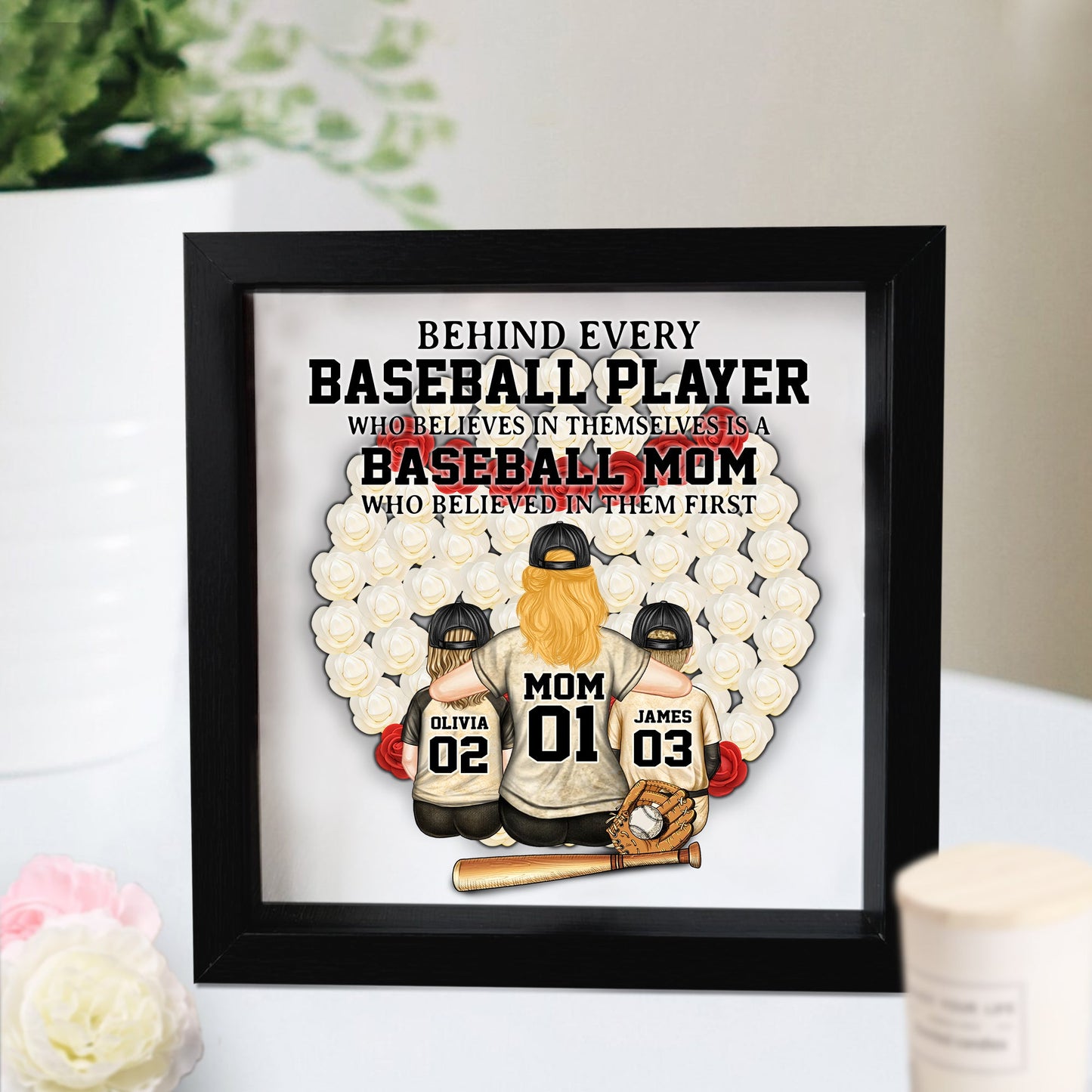 Baseball Mom - Personalized Mother Custom Shaped Flower Shadow Box