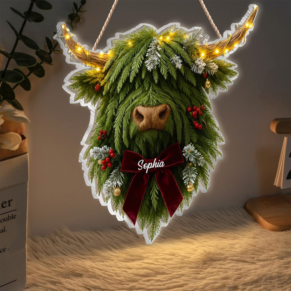 Couronne de vaches des Highlands - Panneau lumineux LED personnalisé en acrylique représentant une vache des Highlands