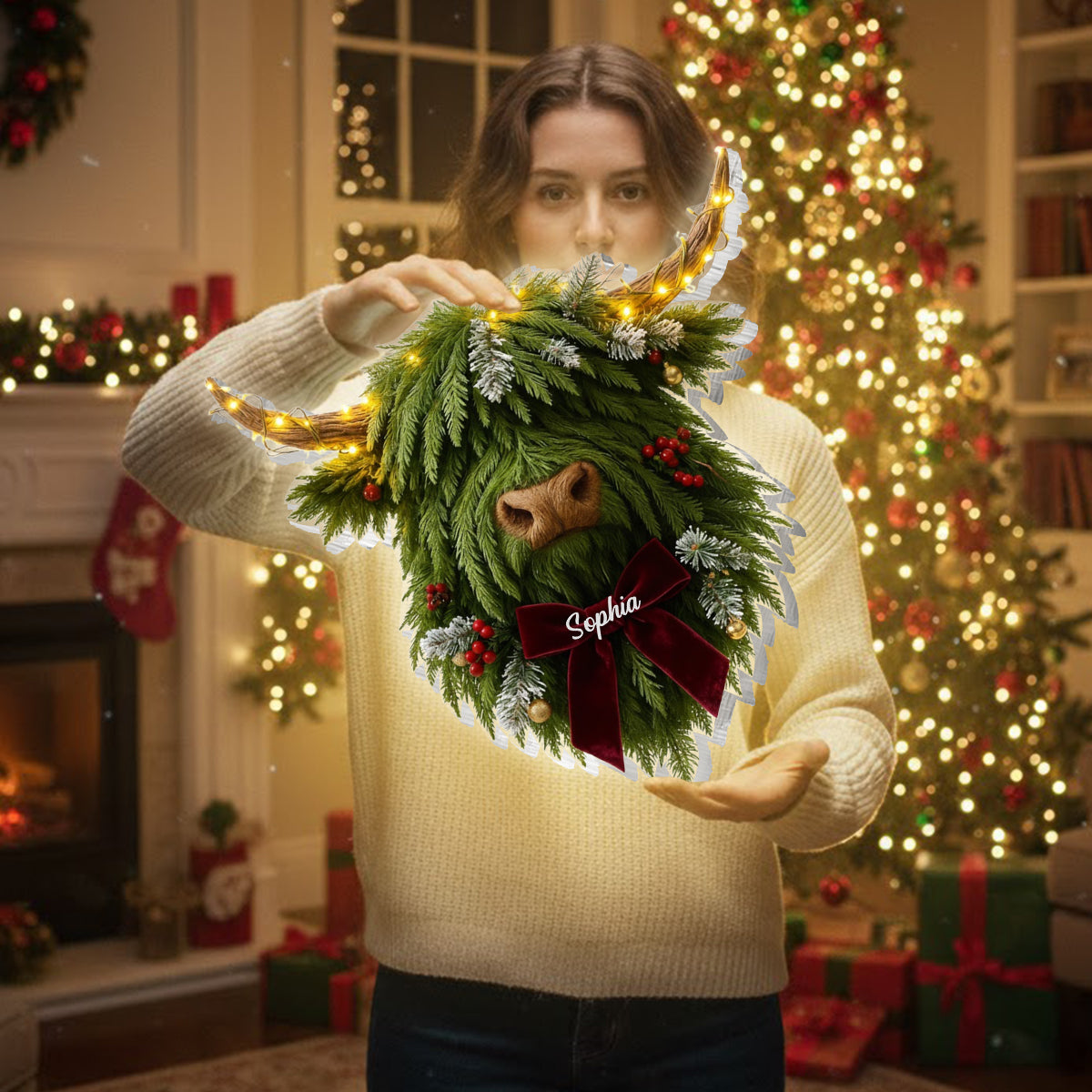 Couronne de vaches des Highlands - Panneau lumineux LED personnalisé en acrylique représentant une vache des Highlands