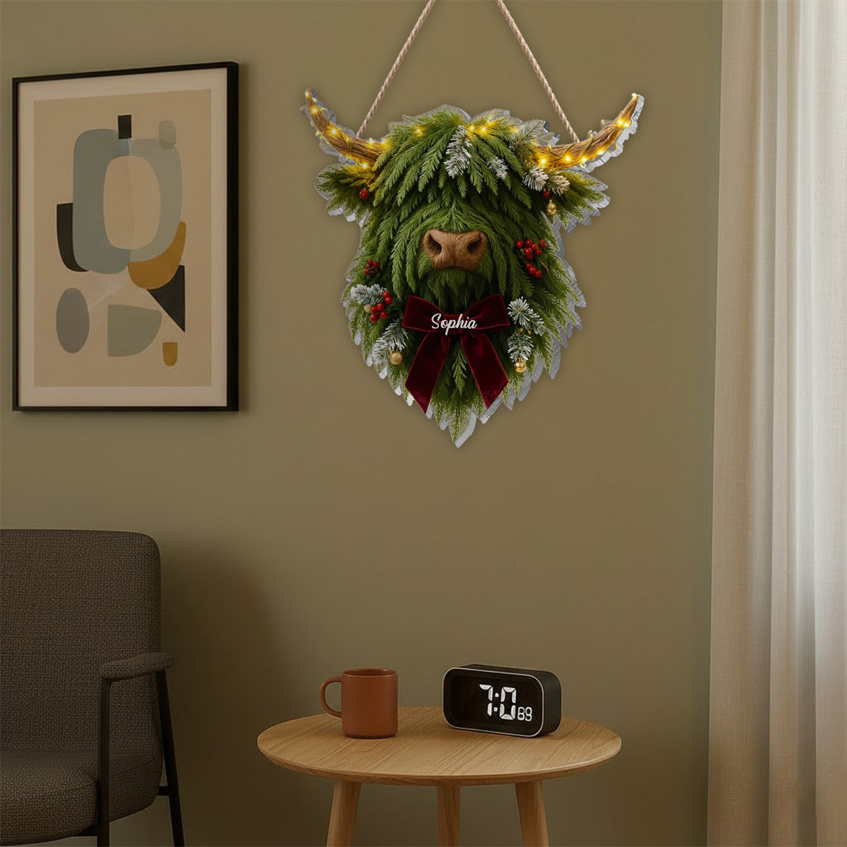 Couronne de vaches des Highlands - Panneau lumineux LED personnalisé en acrylique représentant une vache des Highlands