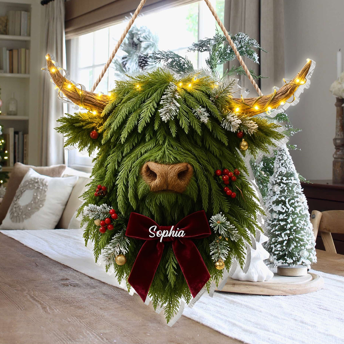 Couronne de vaches des Highlands - Panneau lumineux LED personnalisé en acrylique représentant une vache des Highlands