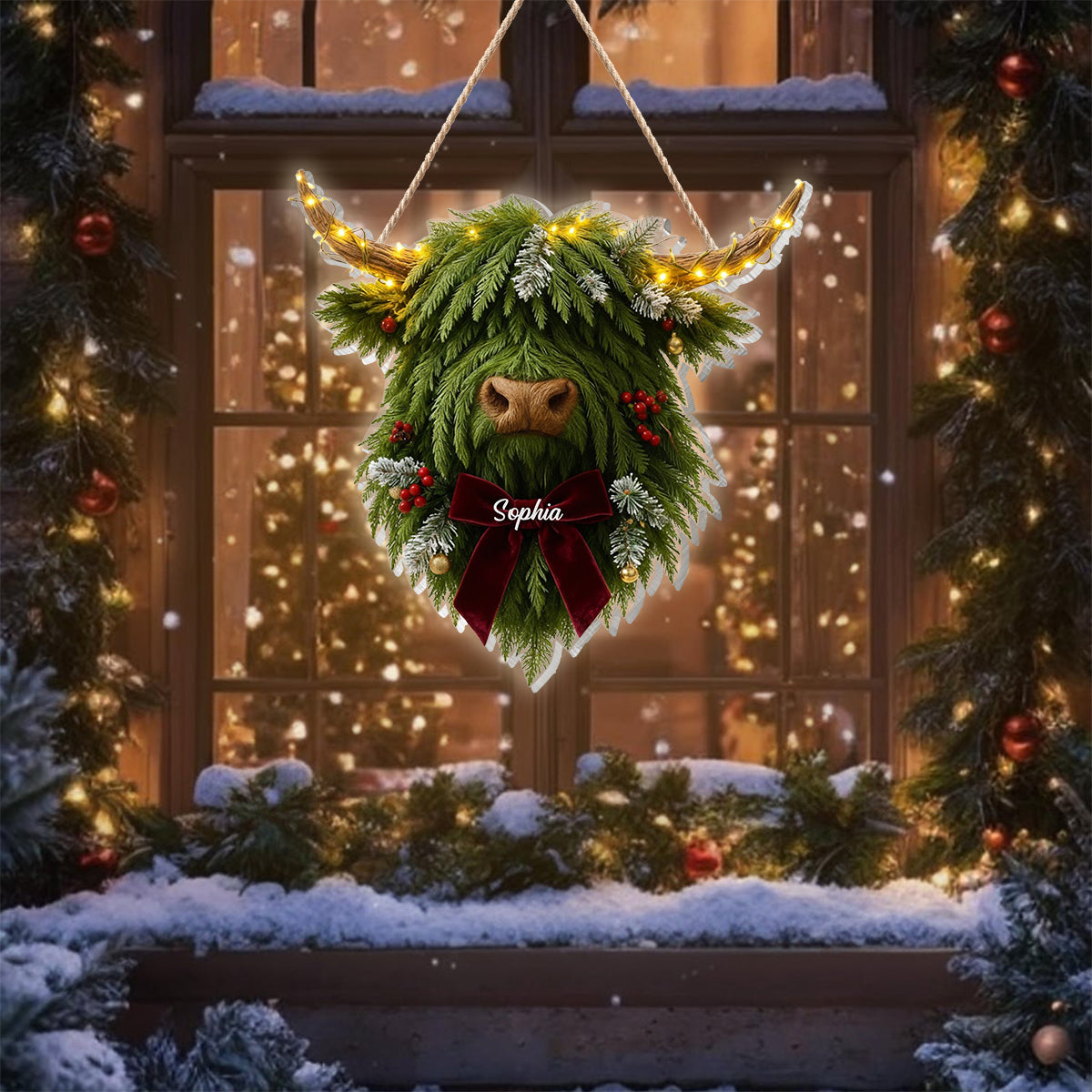 Couronne de vaches des Highlands - Panneau lumineux LED personnalisé en acrylique représentant une vache des Highlands