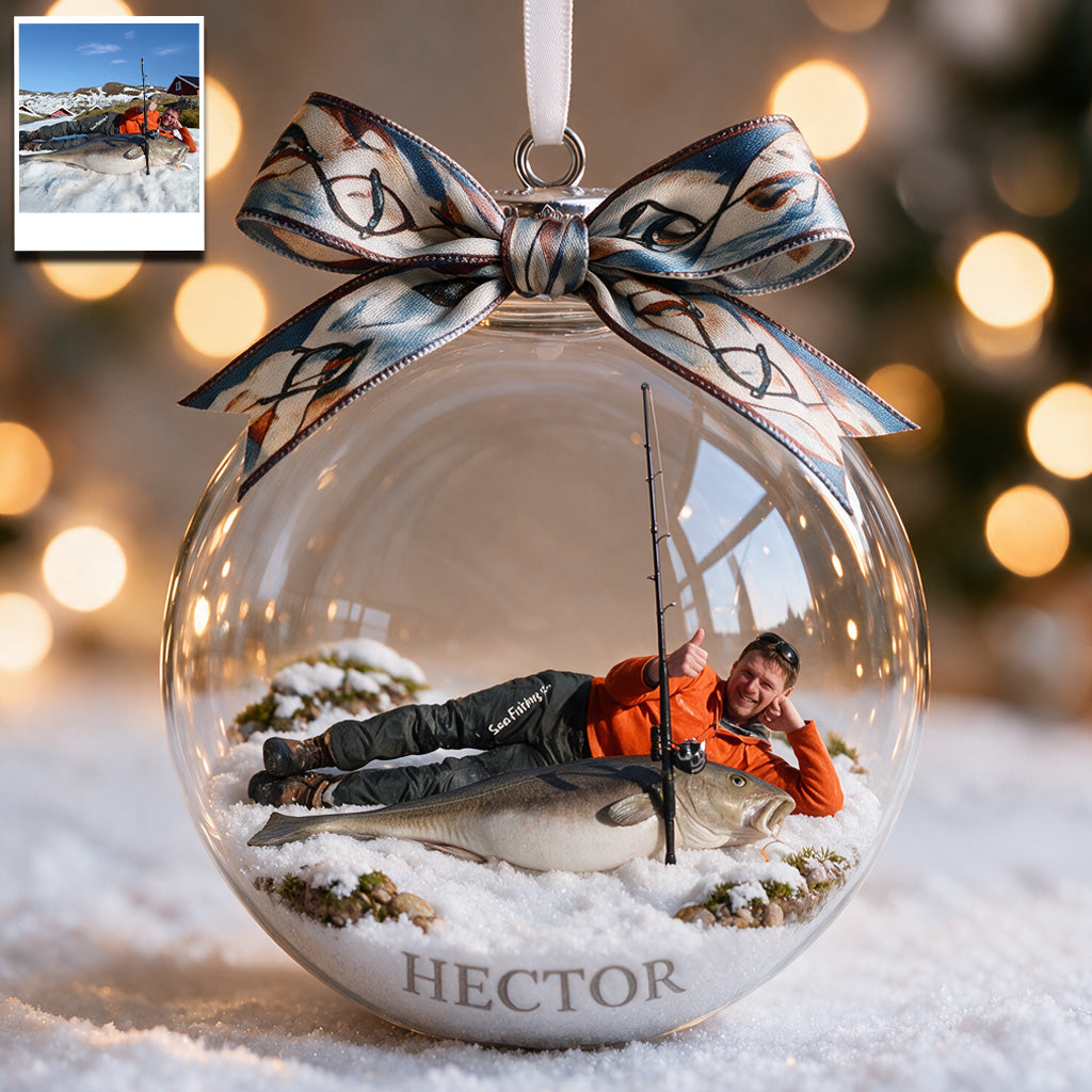 Fisherman Christmas - Personalized Fishing Snow Globe Ornament With Bow