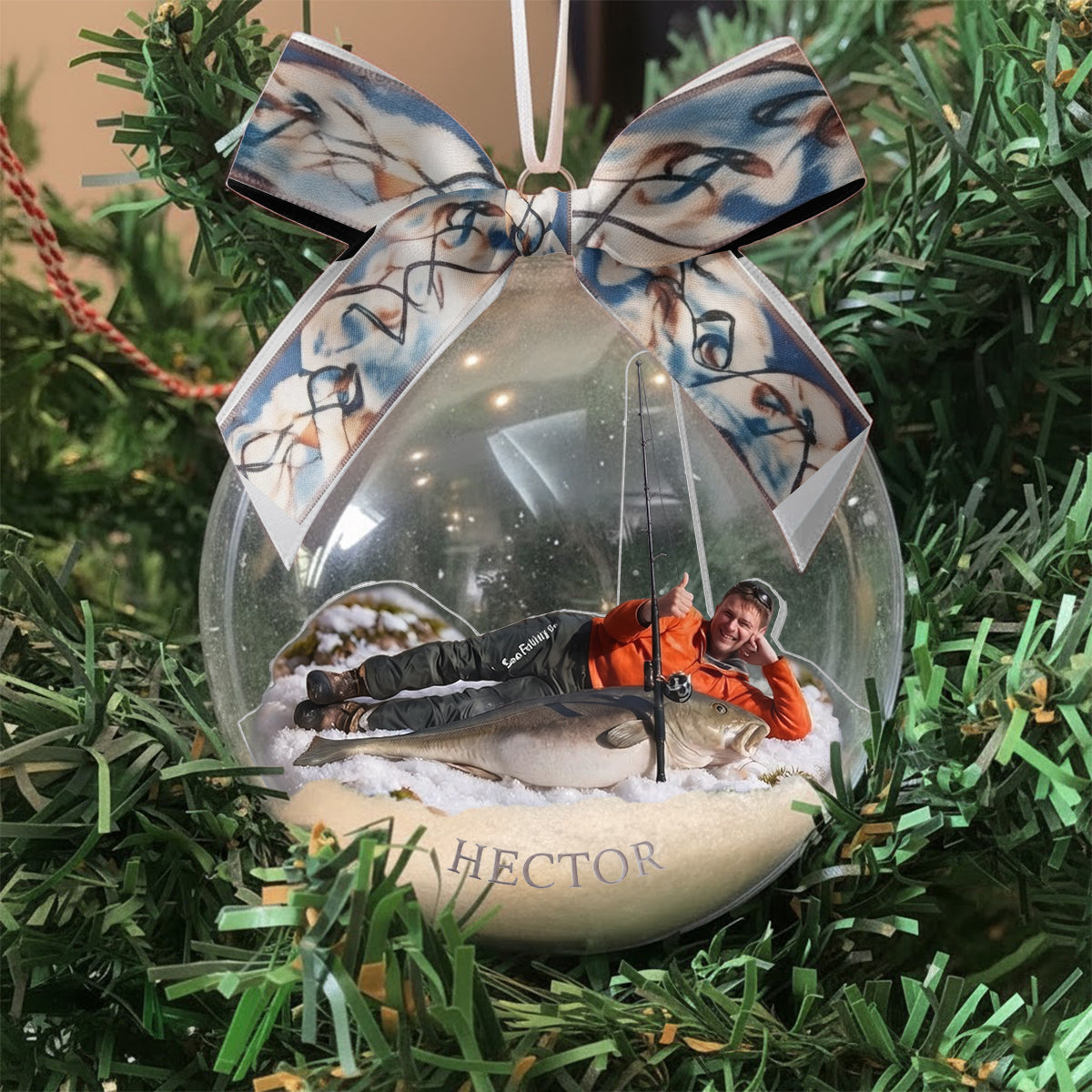 Fisherman Christmas - Personalized Fishing Snow Globe Ornament With Bow