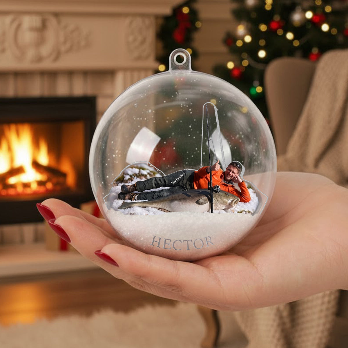 Fisherman Christmas - Personalized Fishing Snow Globe Ornament With Bow