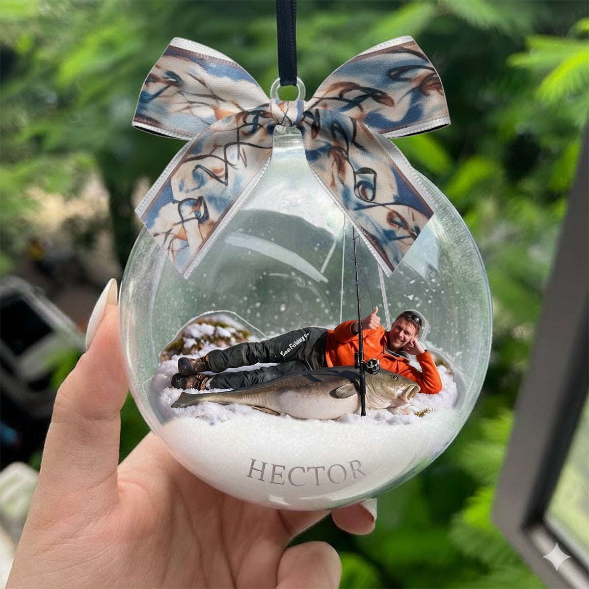 Fisherman Christmas - Personalized Fishing Snow Globe Ornament With Bow