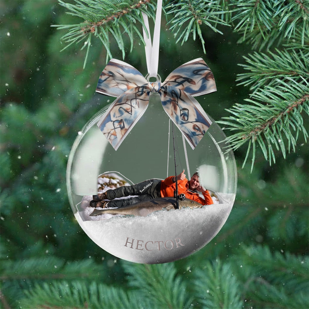 Fisherman Christmas - Personalized Fishing Snow Globe Ornament With Bow