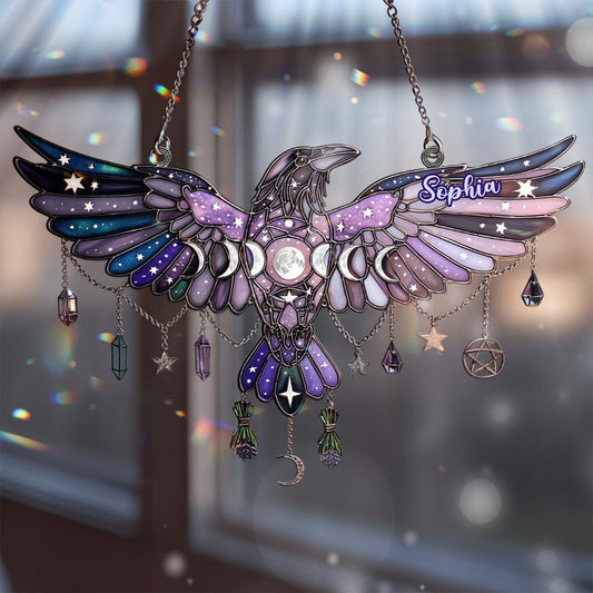 Décoration de fenêtre Corbeau Phrase Lunaire - Ornement Attrape-Soleil Sorcière Personnalisé à Suspendre à la Fenêtre