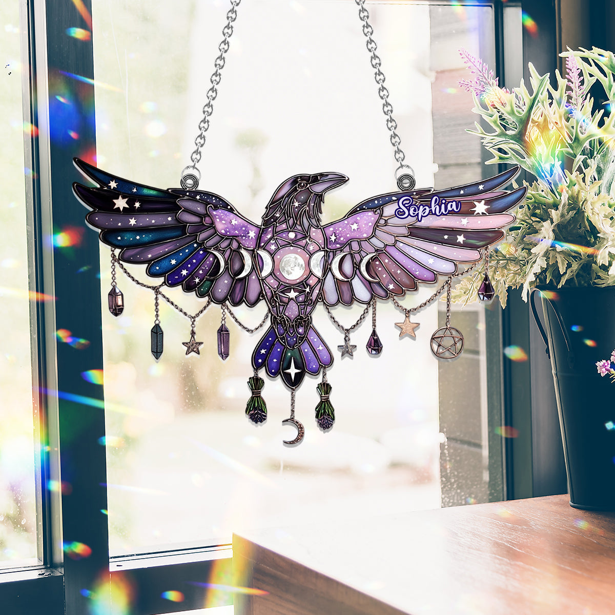 Moon Phrase Raven Window Decor - Personalized Witch Window Hanging Suncatcher Ornament