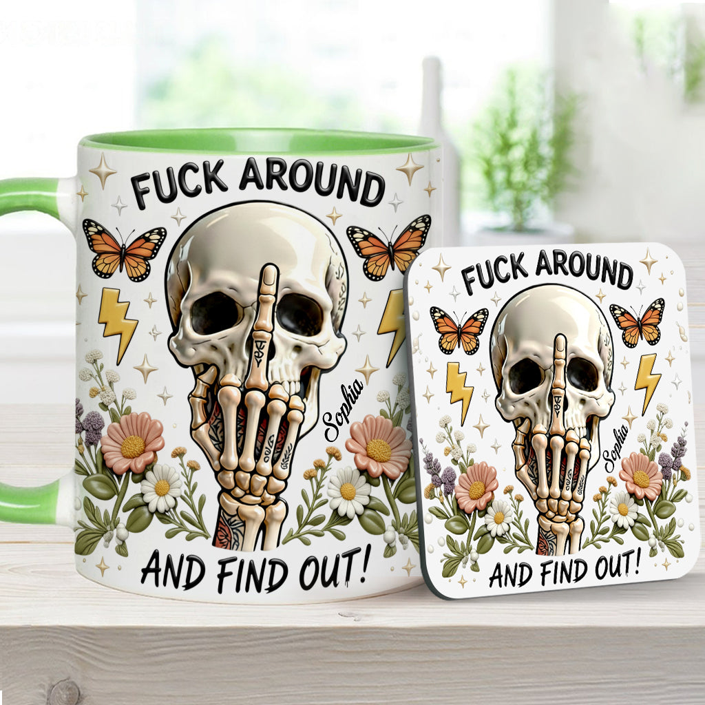 F Around And Find Out - Mug et sous-verre personnalisés avec motif tête de mort