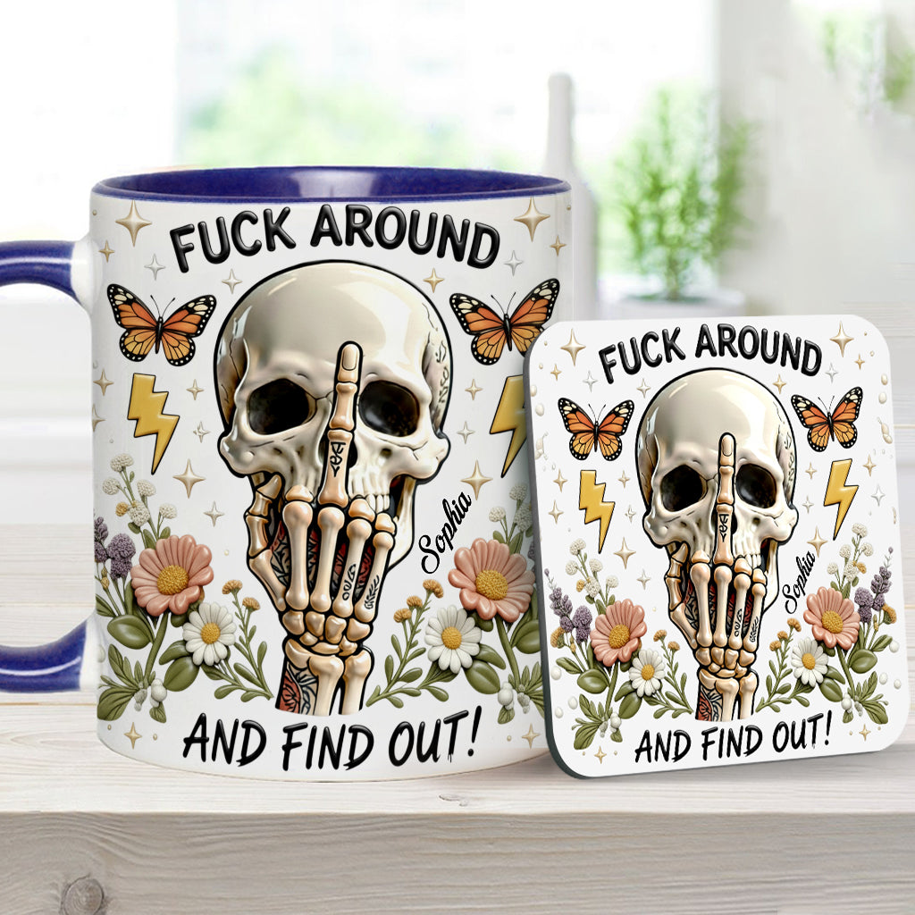F Around And Find Out - Mug et sous-verre personnalisés avec motif tête de mort