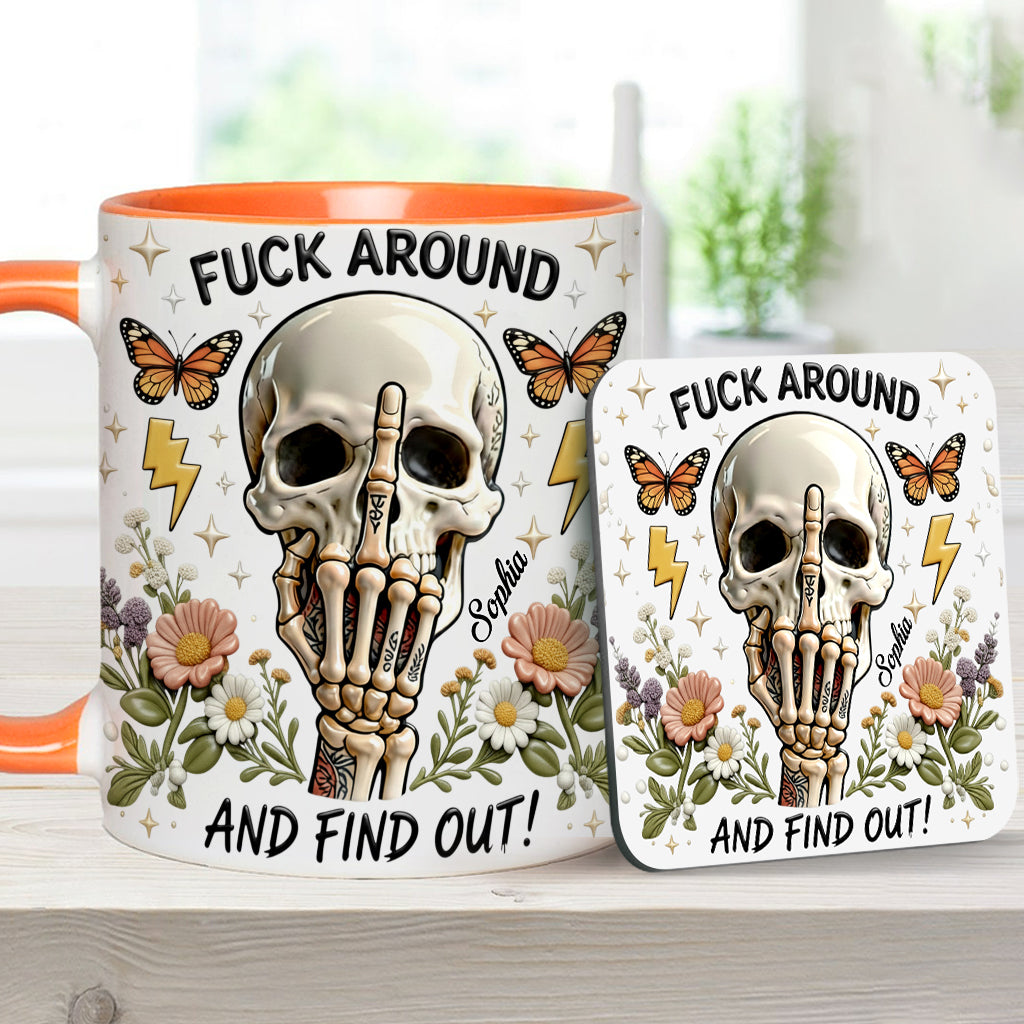 F Around And Find Out - Mug et sous-verre personnalisés avec motif tête de mort