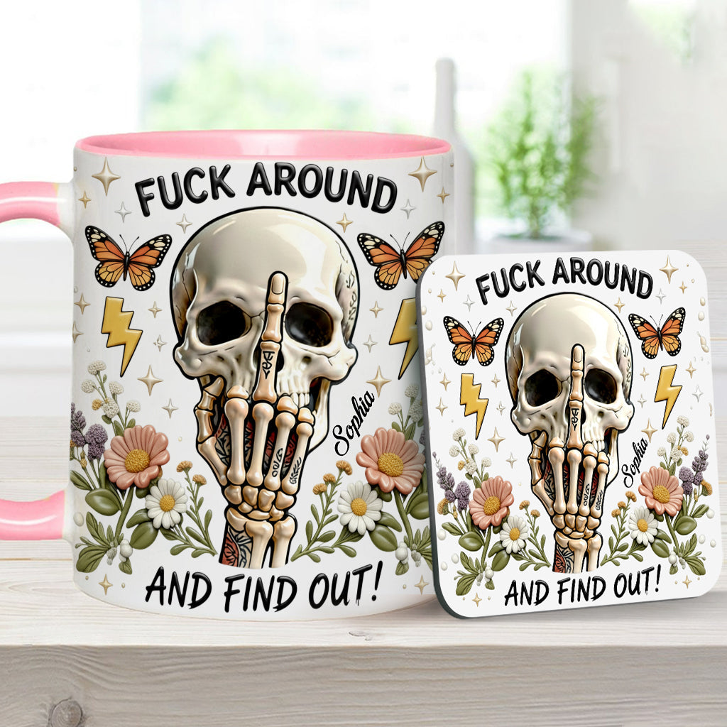 F Around And Find Out - Mug et sous-verre personnalisés avec motif tête de mort