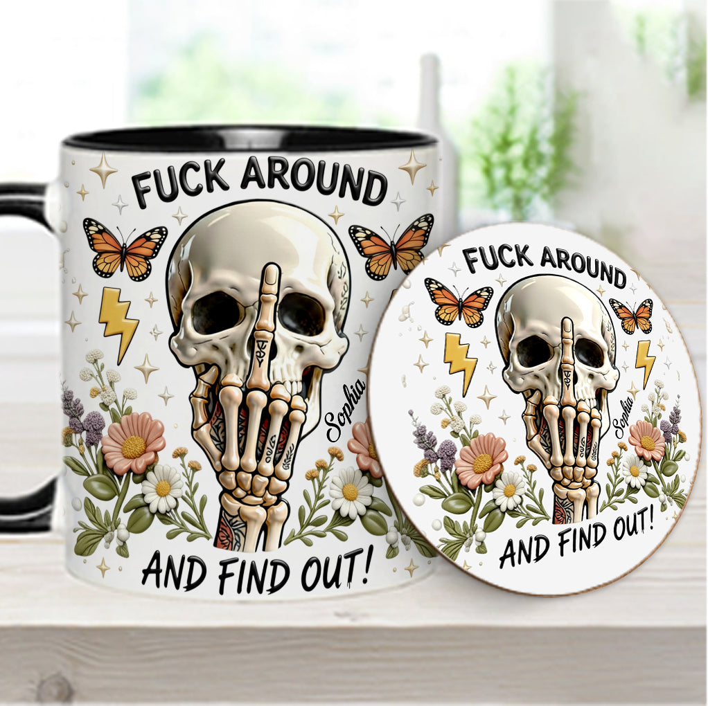 F Around And Find Out - Mug et sous-verre personnalisés avec motif tête de mort