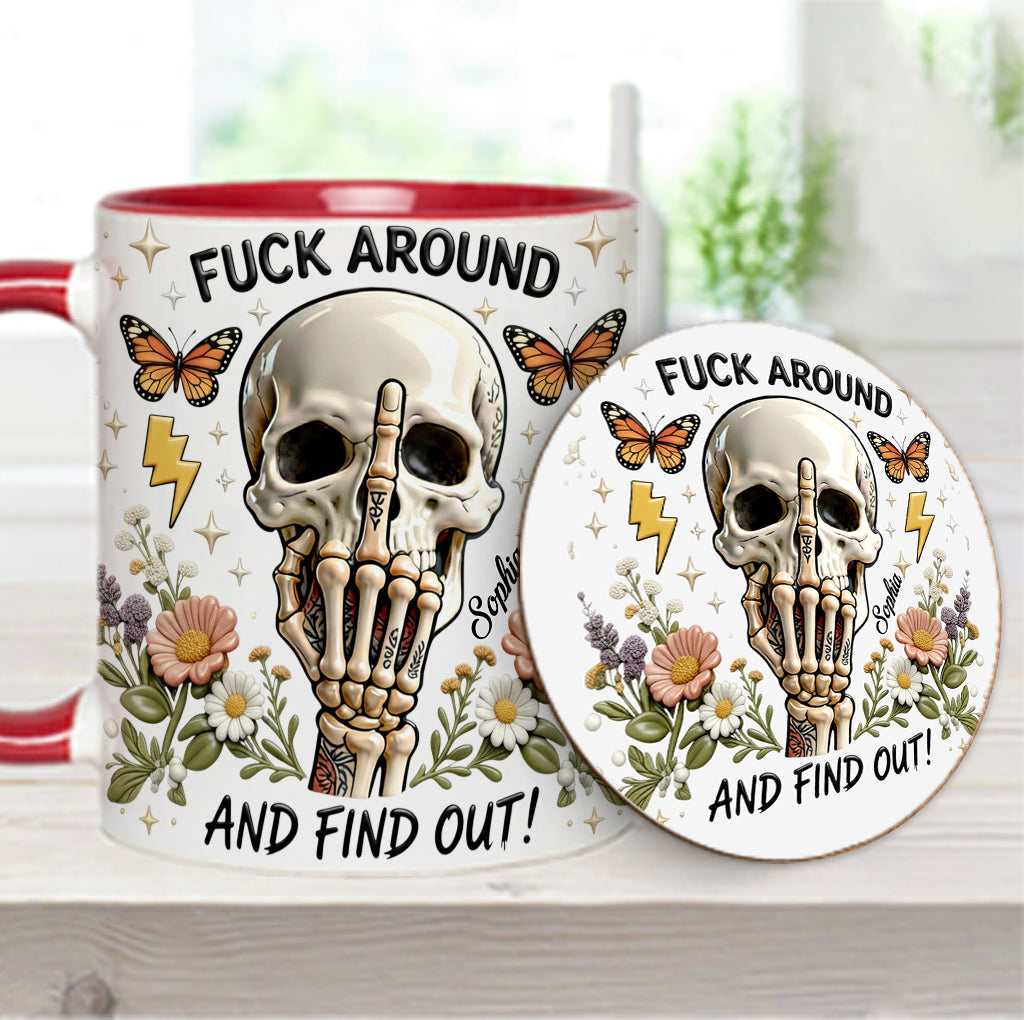 F Around And Find Out - Mug et sous-verre personnalisés avec motif tête de mort