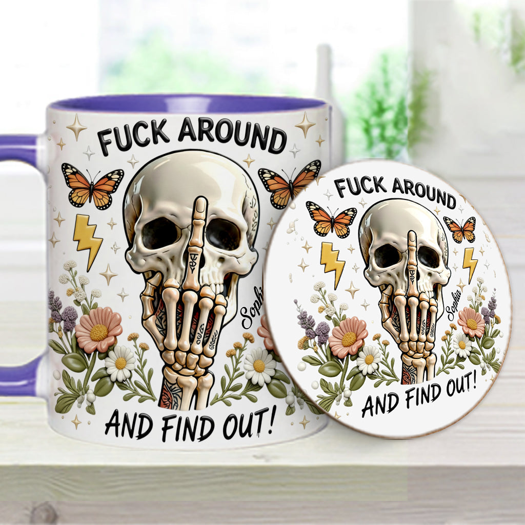 F Around And Find Out - Mug et sous-verre personnalisés avec motif tête de mort