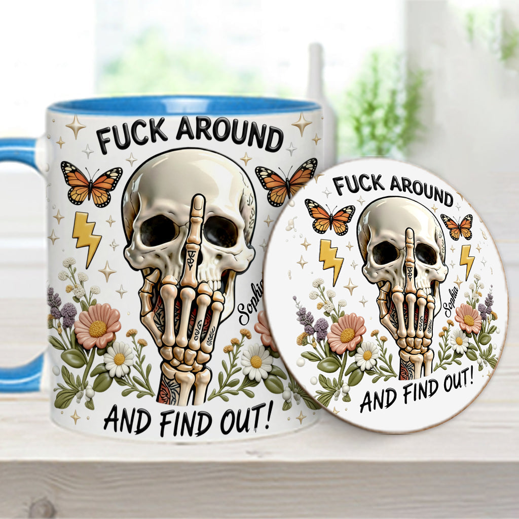 F Around And Find Out - Mug et sous-verre personnalisés avec motif tête de mort
