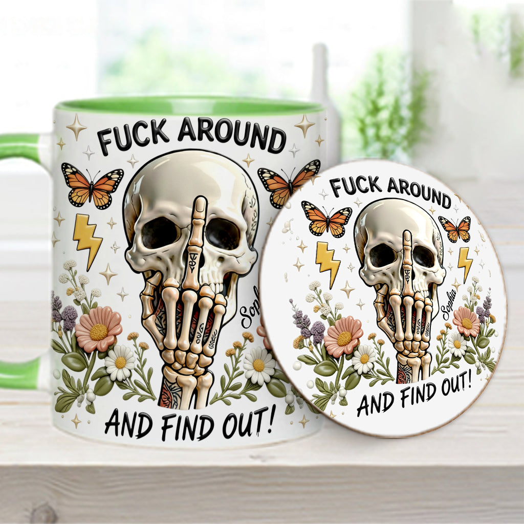 F Around And Find Out - Mug et sous-verre personnalisés avec motif tête de mort
