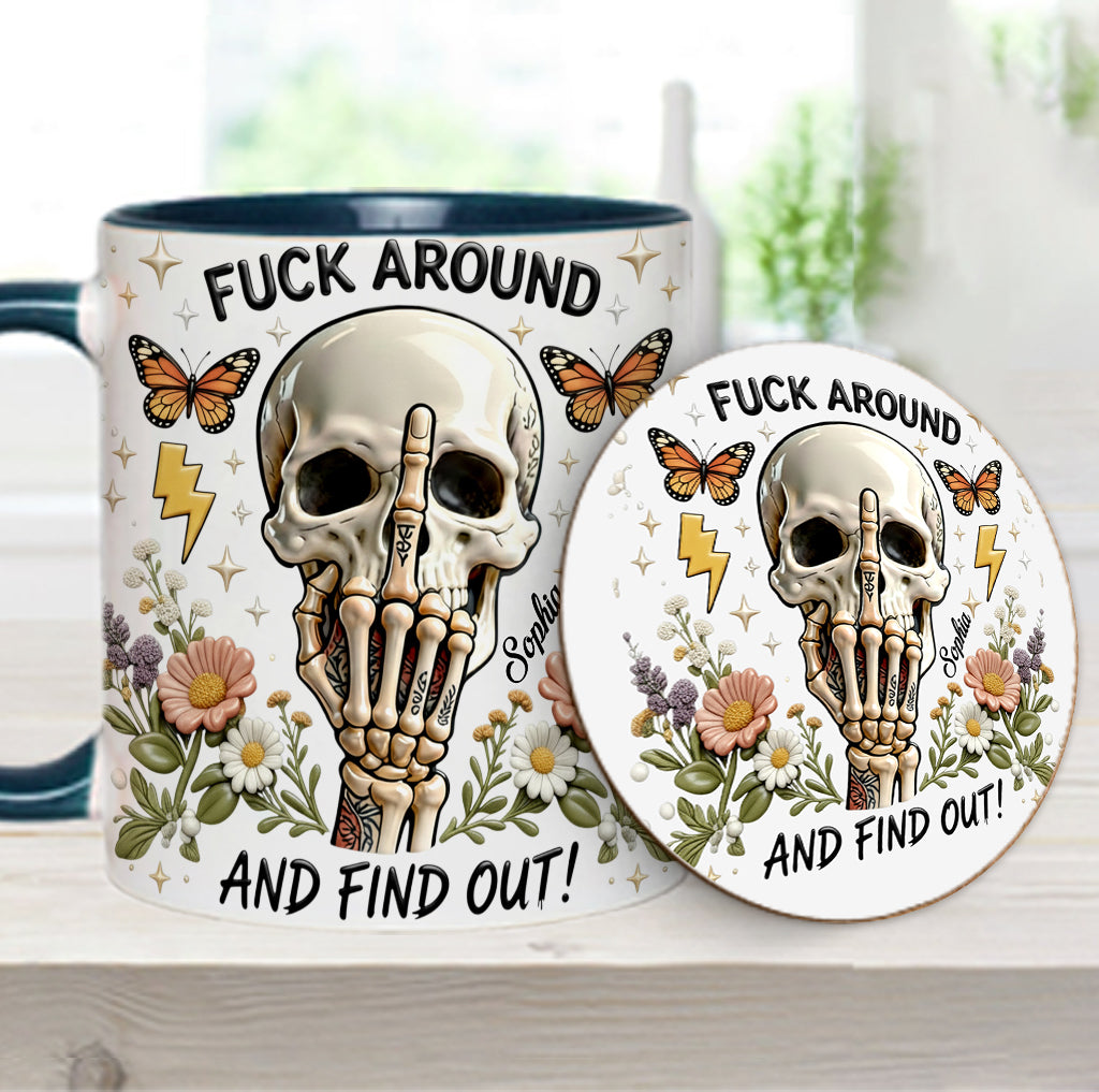 F Around And Find Out - Mug et sous-verre personnalisés avec motif tête de mort