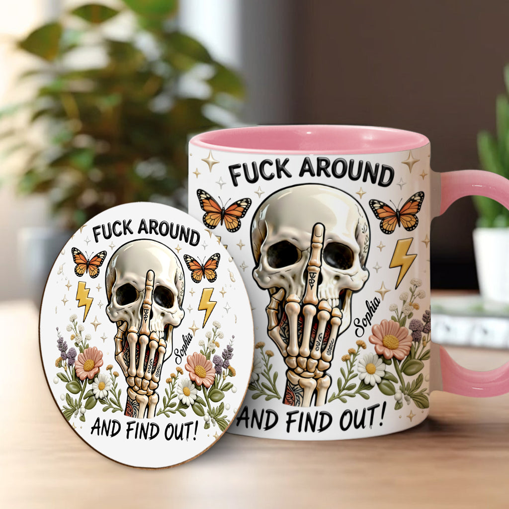 F Around And Find Out - Mug et sous-verre personnalisés avec motif tête de mort