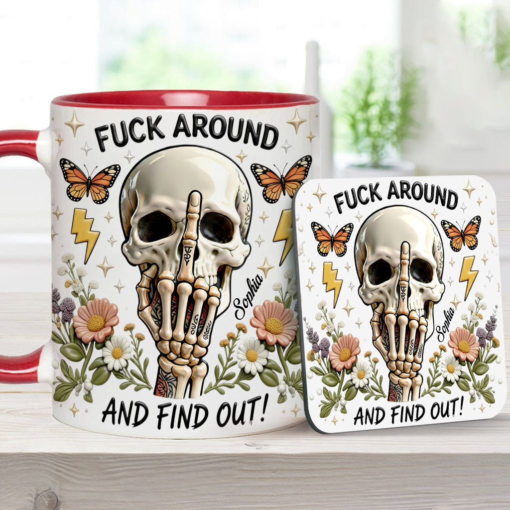 F Around And Find Out - Mug et sous-verre personnalisés avec motif tête de mort