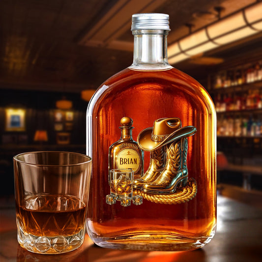 Bottes de cowboy, chapeau et bouteille de whisky personnalisée