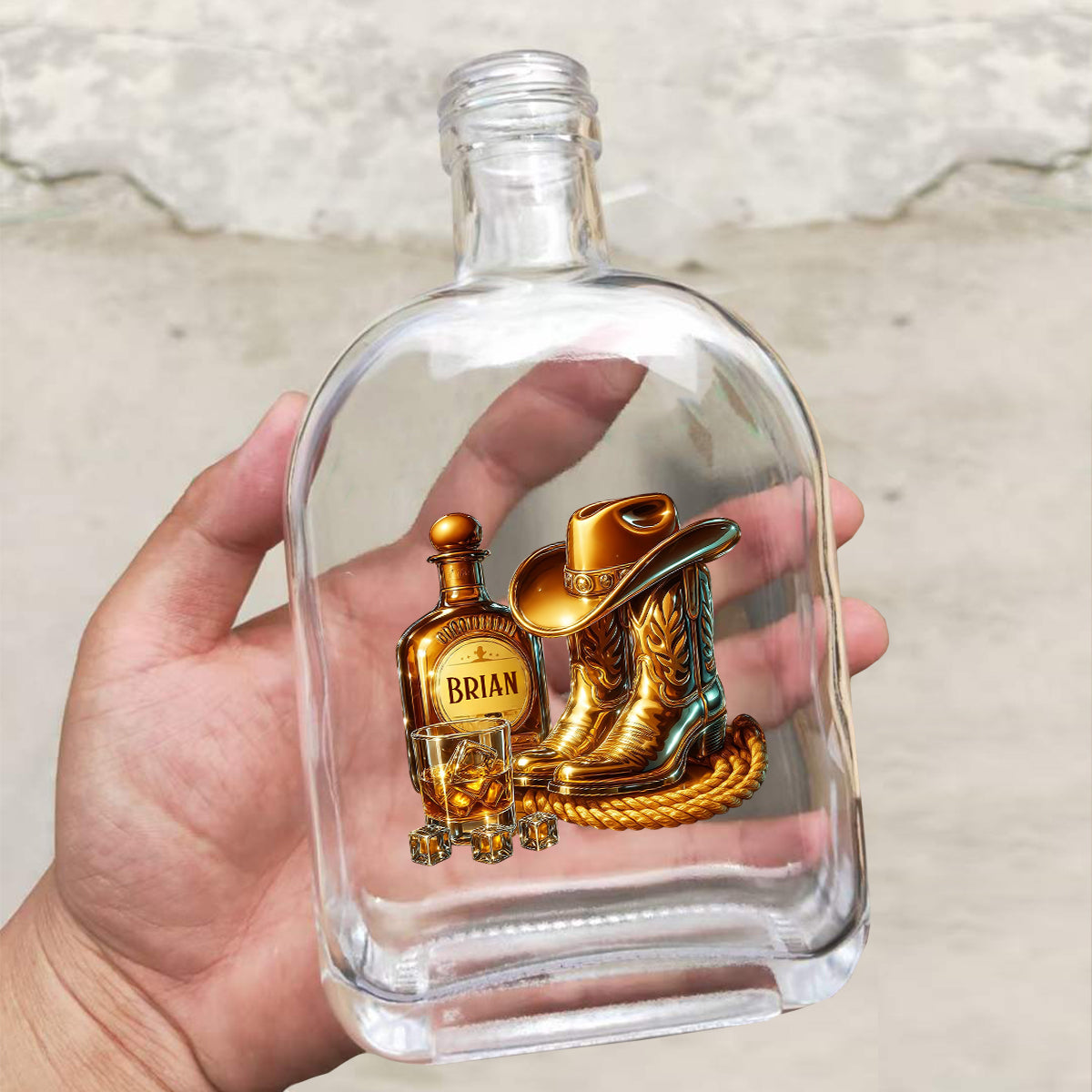 Bottes de cowboy, chapeau et bouteille de whisky personnalisée